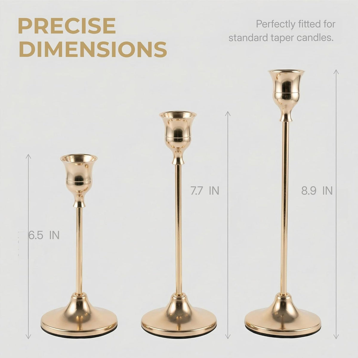 54 pcs Gold Candlestick Holders Set, 3 Sizes Metal Taper Candle Holders Weighted with Anti-Slip Pad, Vintage Finish
