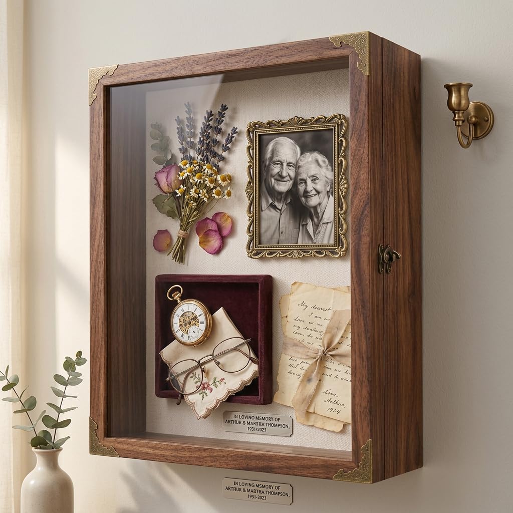 Shadow Box Frame 13x16, Large Memory Display Case with Retro Metal Corner Accents, Carbonized Wood Frame, Linen Back