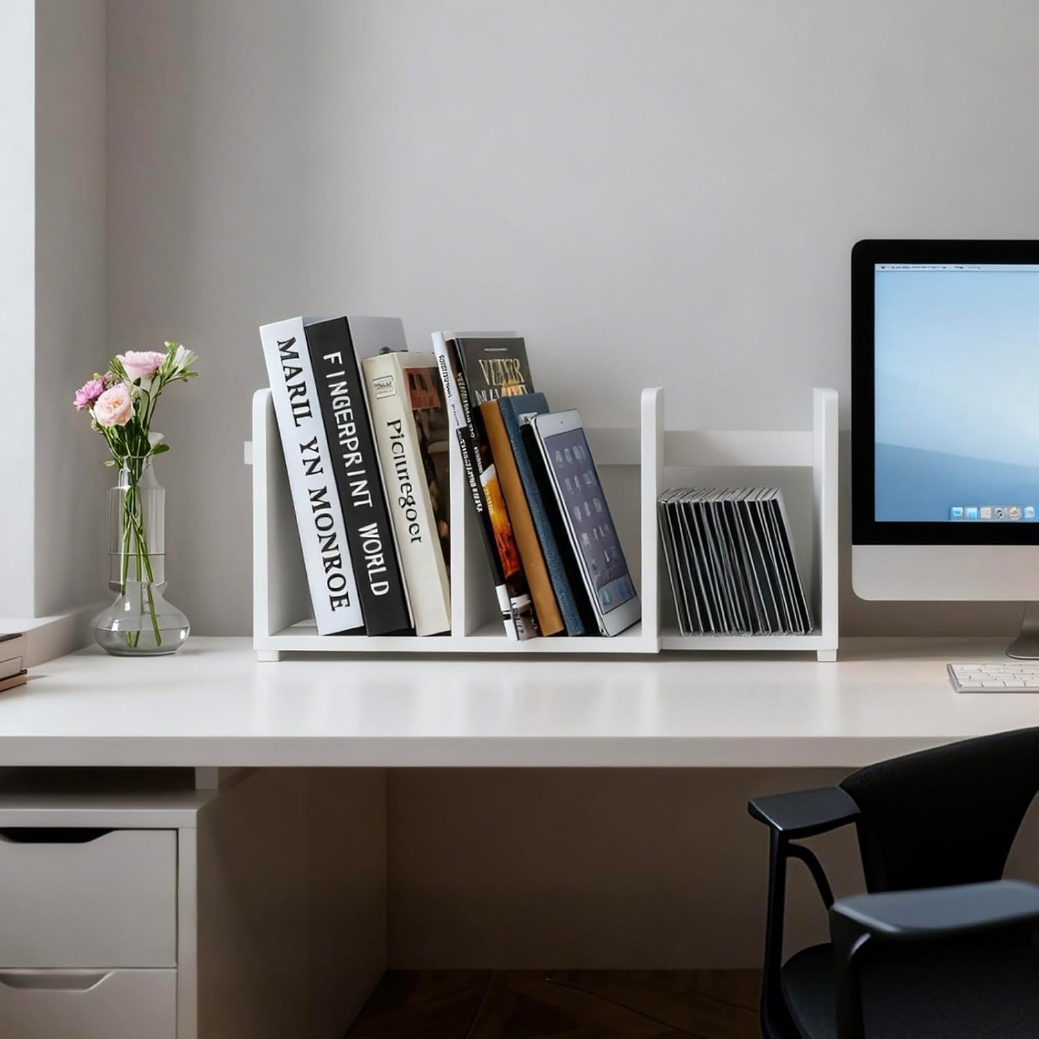MyGift White Wood Desktop Bookshelf Organizer, Expandable Adjustable Rack | Expandable design adjusts to fit books