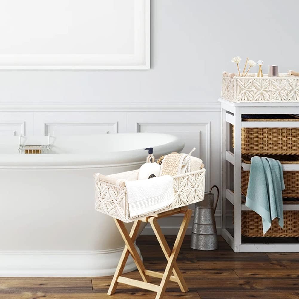 Macrame Storage Basket Boho Decor Baskets for Organizing Woven Decorative for Countertop / White