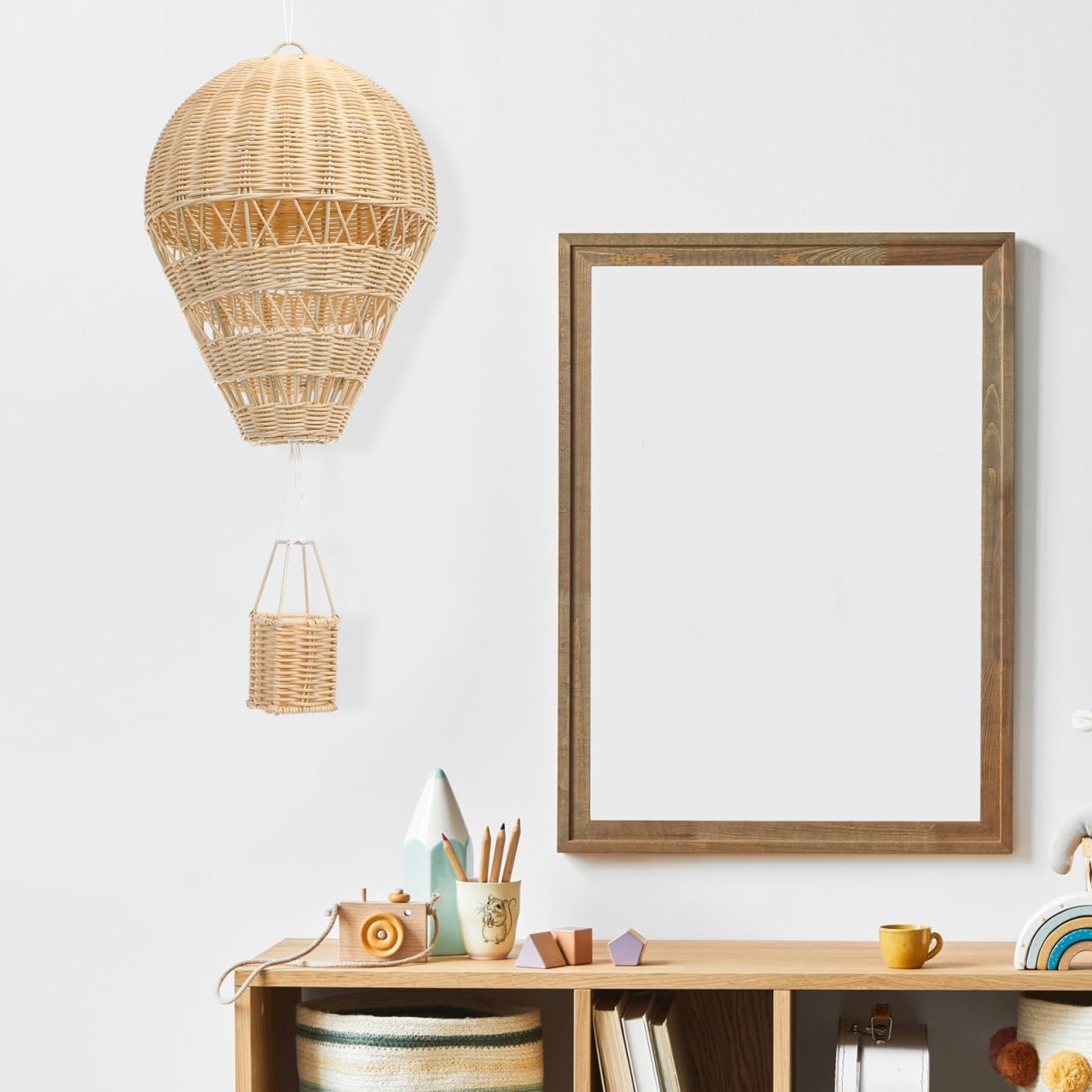 Rattan Woven Hot Air Balloon Decor In Hanging Wall Ornament for Kids / Natural / 13.38 x 9.84 x 2.36