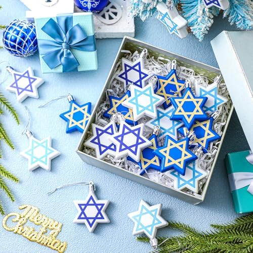 Chunful 24 Pcs Hanukkah Ornaments for Tree Star Hanging Ornaments Shatterproof Star of David Tree Decorations Chanukah Balls Blue and White Jewish Christmas Decorations for Xmas Party Supplies