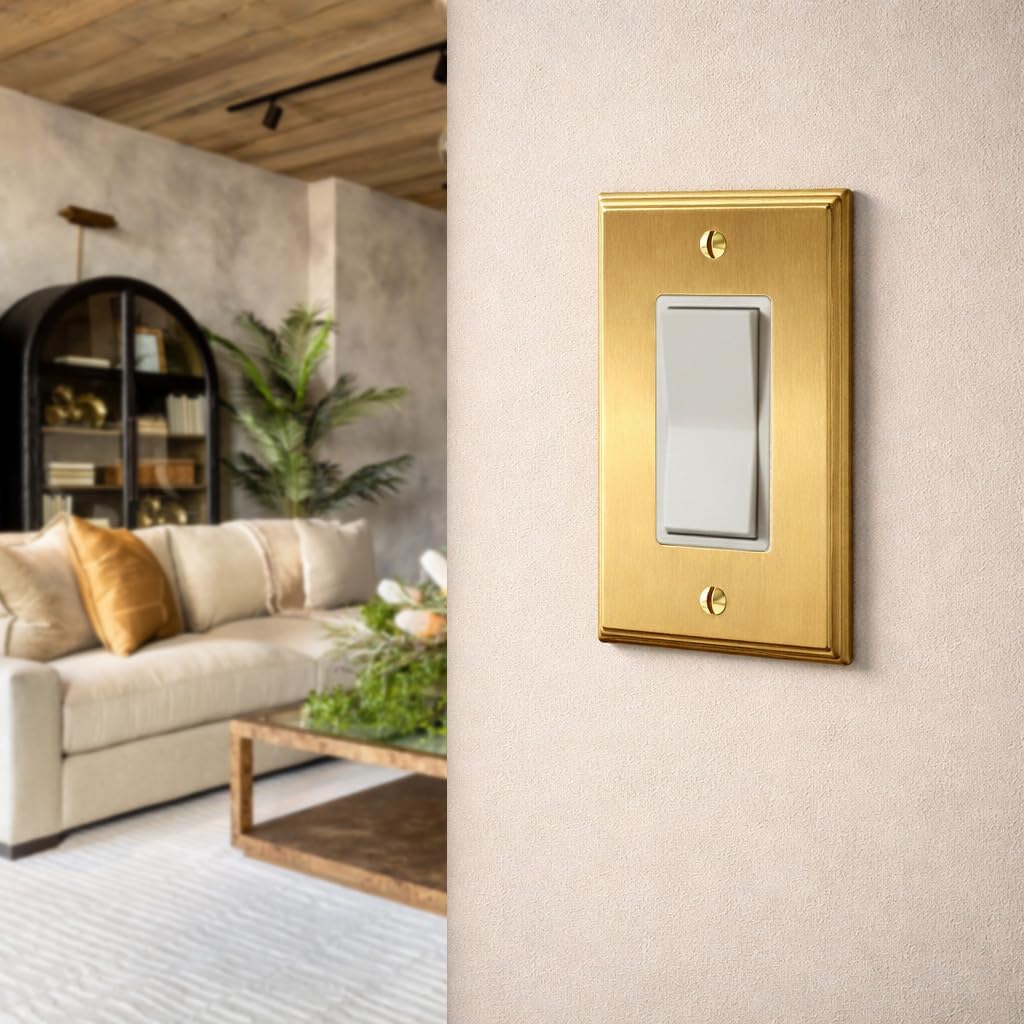 Rio Salto MIDSIZE BRASS Deco Collection Brushed Brass Gold Rocker Light Switch Wall Plate Outlet Cover Metal Single
