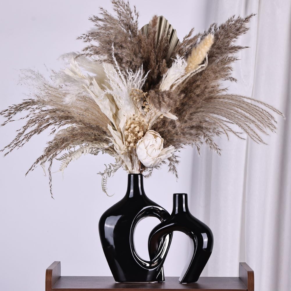 Hollow Ceramic Vase / Black and Silver / Set of 2