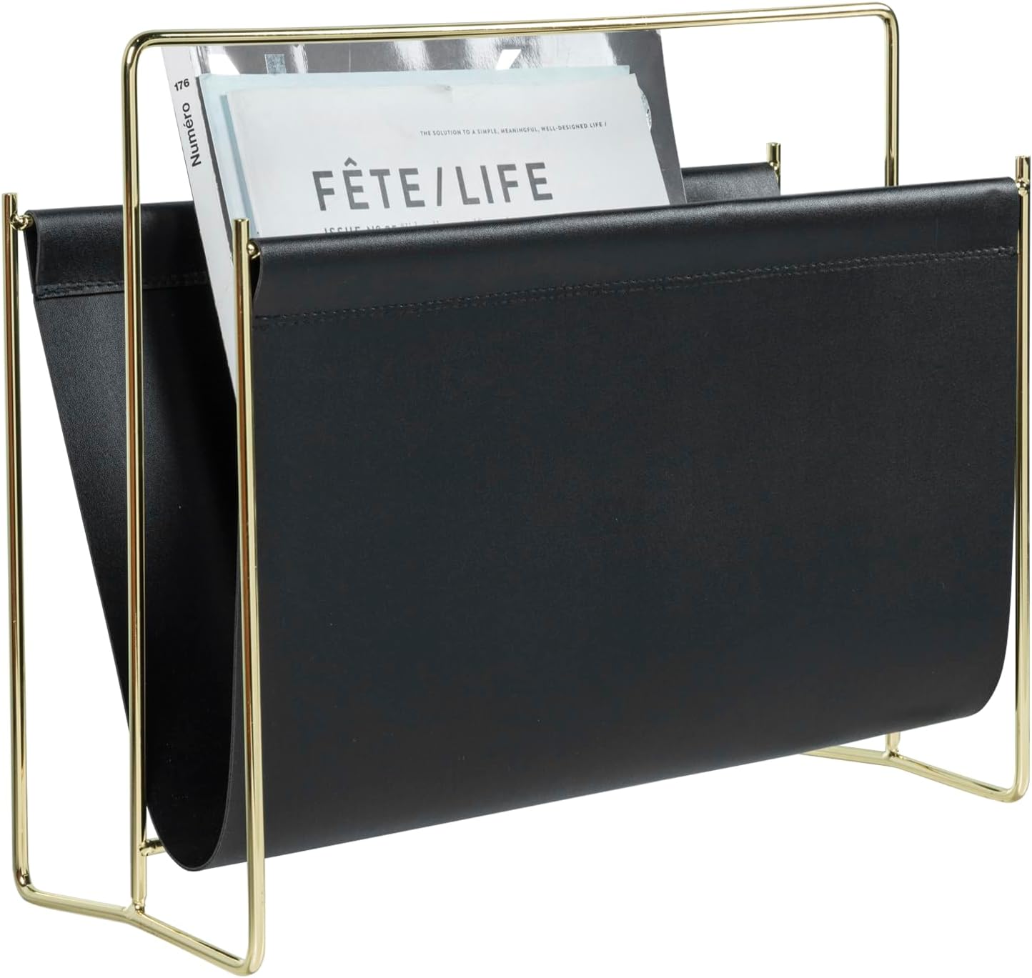 MyGift 15-Inch Modern Black Leatherette & Brass Plated Metal Magazine Holder – Floor Standing Faux Leather Sling Style