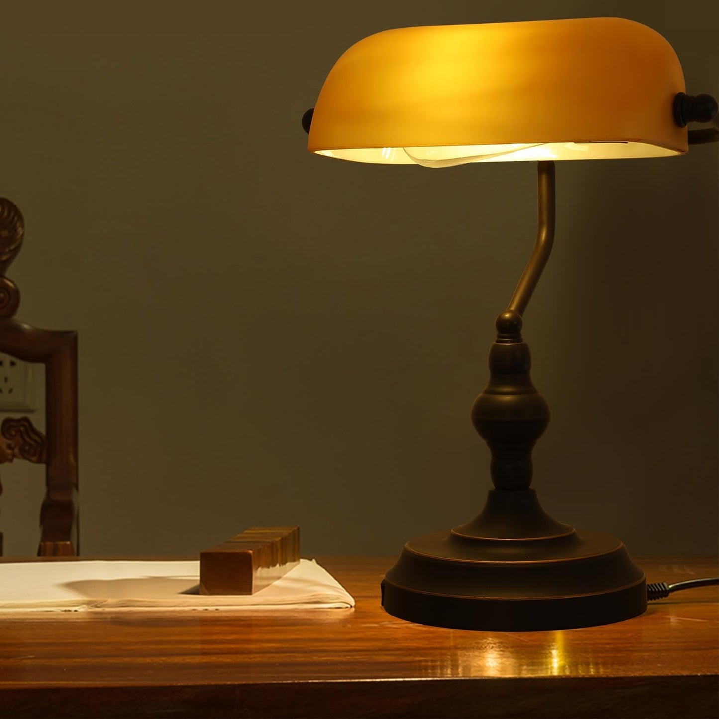 Banker Desk Lamp Touch Control, Oil Rubbed Bronze | 3 Way Dimmable Banker's Desk Lamp, USB-A Port, Amber Glass Shade