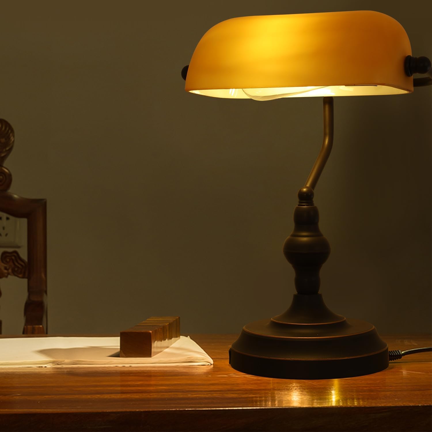 Banker Desk Lamp Touch Control, Oil Rubbed Bronze | 3 Way Dimmable Banker's Desk Lamp, USB-A Port, Amber Glass Shade