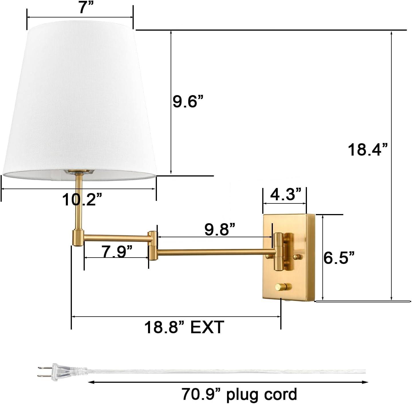HYDELITE Gold Swing Arm Wall Lamp Brass Wall Sconces with Linen Shade | Plug-in or Hardwired Wall Light Fixtures
