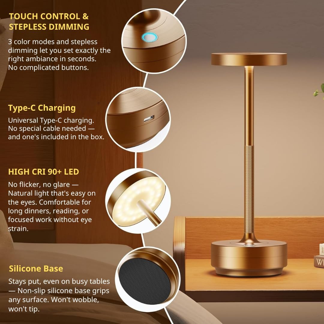 Rechargeable Cordless Table Lamp with 5000mAh Battery IP54 Waterproof LED | Set of 2 Titanium with Touch 3-Color