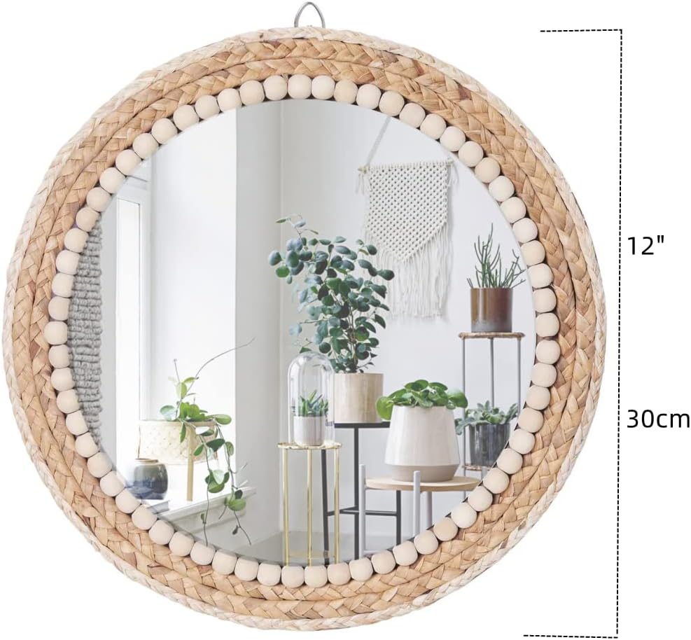 12" Nature Rattan Boho Innovative Art Decoration Round Makeup Mirror Dressing Bedroom Bathroom Wall