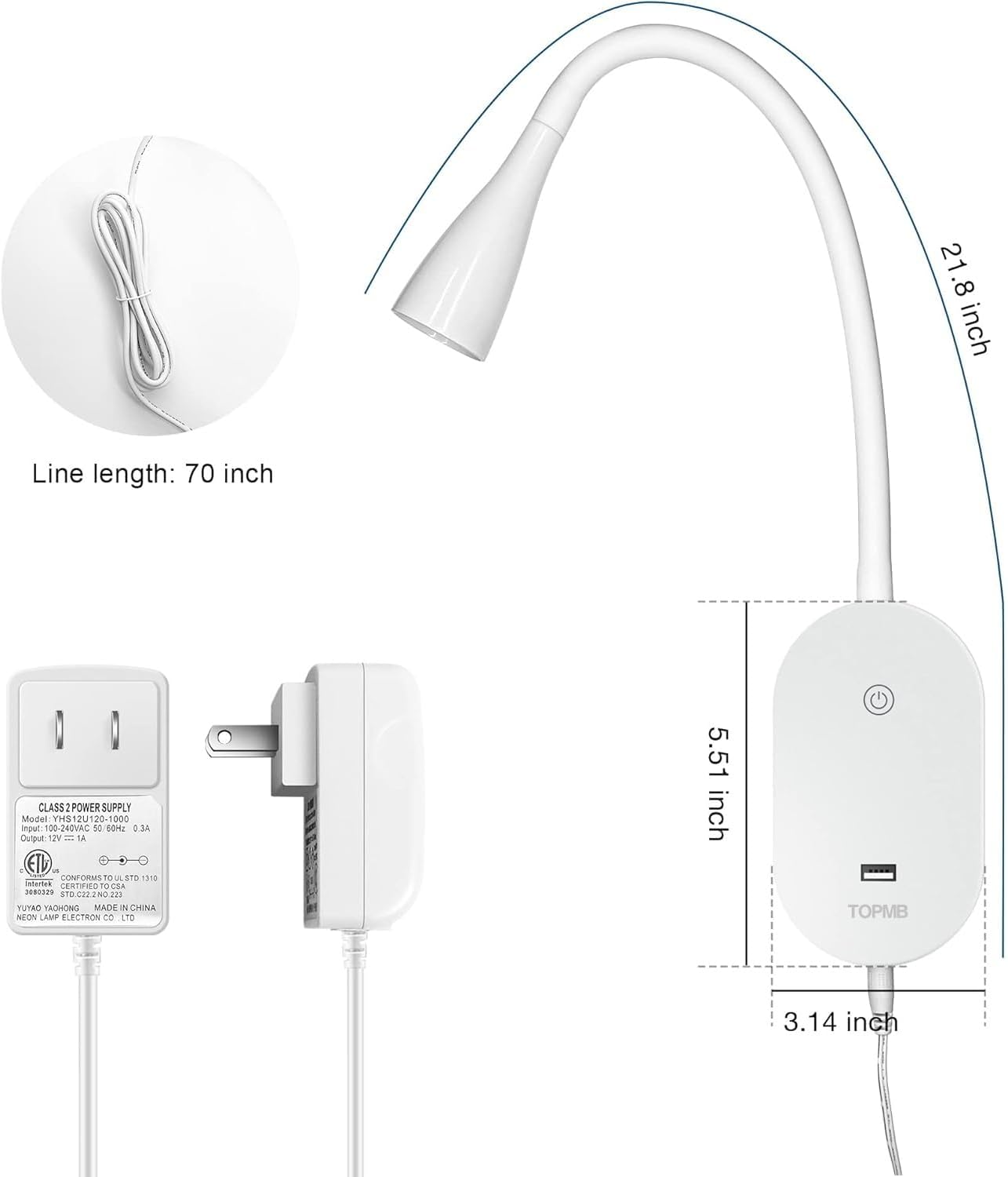 Wall Reading Light for Books in Bed, USB Output Headboard Wall Lamp,5 Dimmable Touch Control Reading Lamp,LED Warm