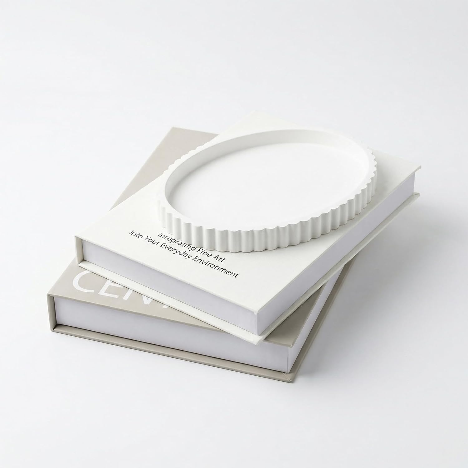 Decorative Book Box and Scalloped Tray Set / Ivory and White