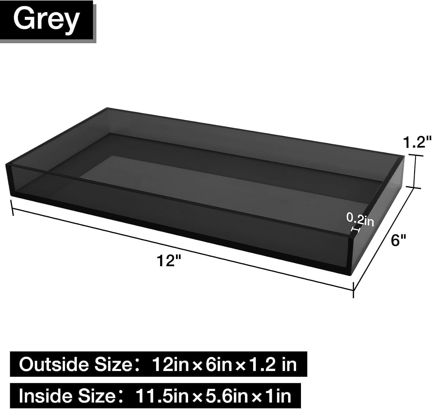 Acrylic Tray 5mm Thicken for Vanity Makeup / Gray / 12 x 6 x 1.2