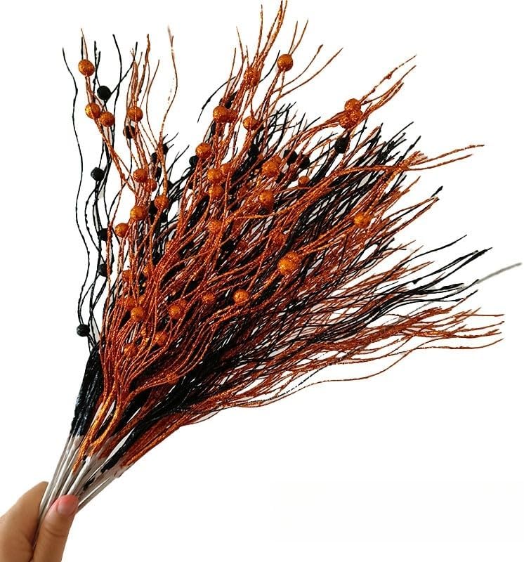 24 Pack Glitter Halloween Black Orange Artificial Berry Stem Picks 13.4 Inch Curly Tall Tree Filler Branches Christmas Decorations for Vase Filler, Twigs for Holiday (Orange Black)
