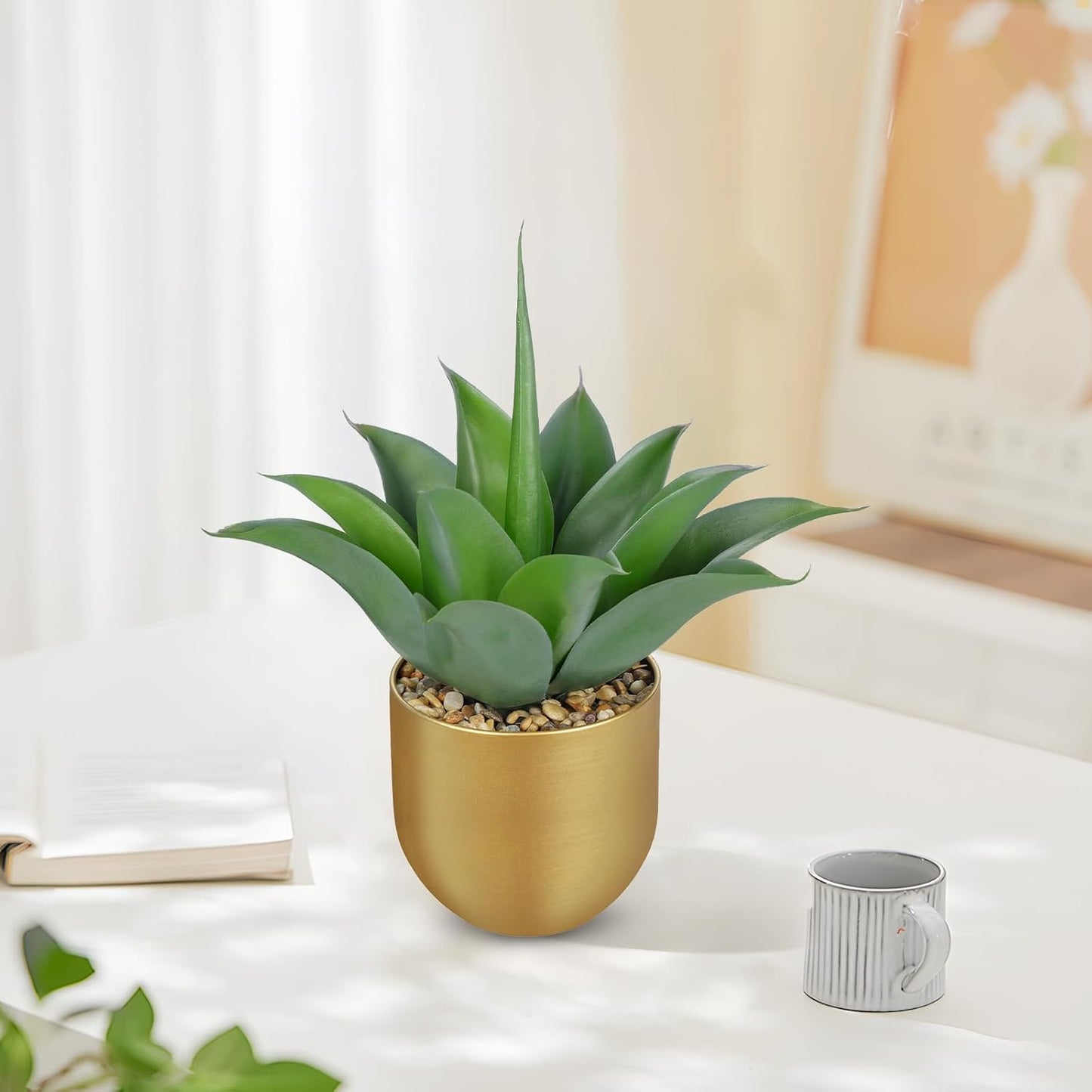 Artificial Agave Plant in Gold Metal Pot / Aloe Vera Gold Vase / 13 Inch