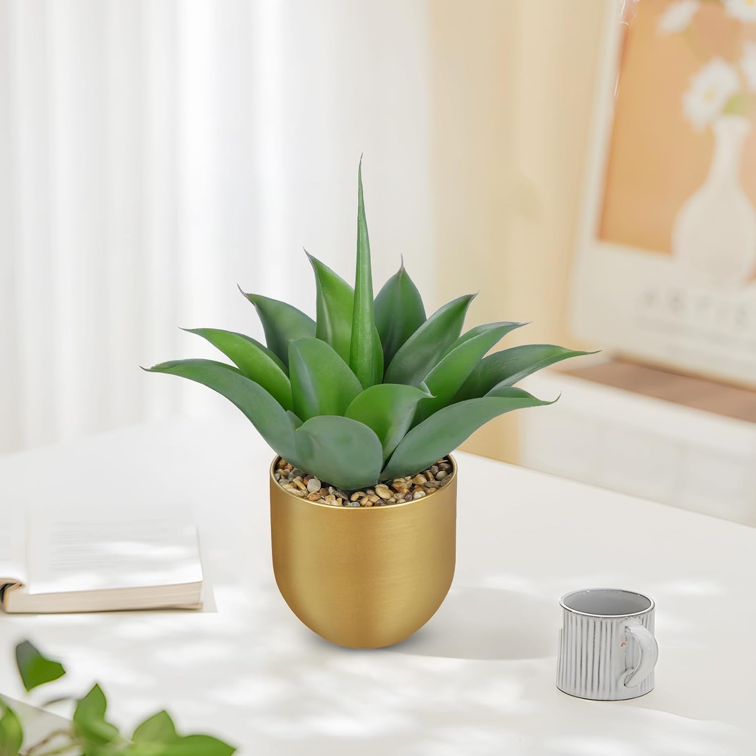 Artificial Agave Plant in Gold Metal Pot / Aloe Vera Gold Vase / 13 Inch