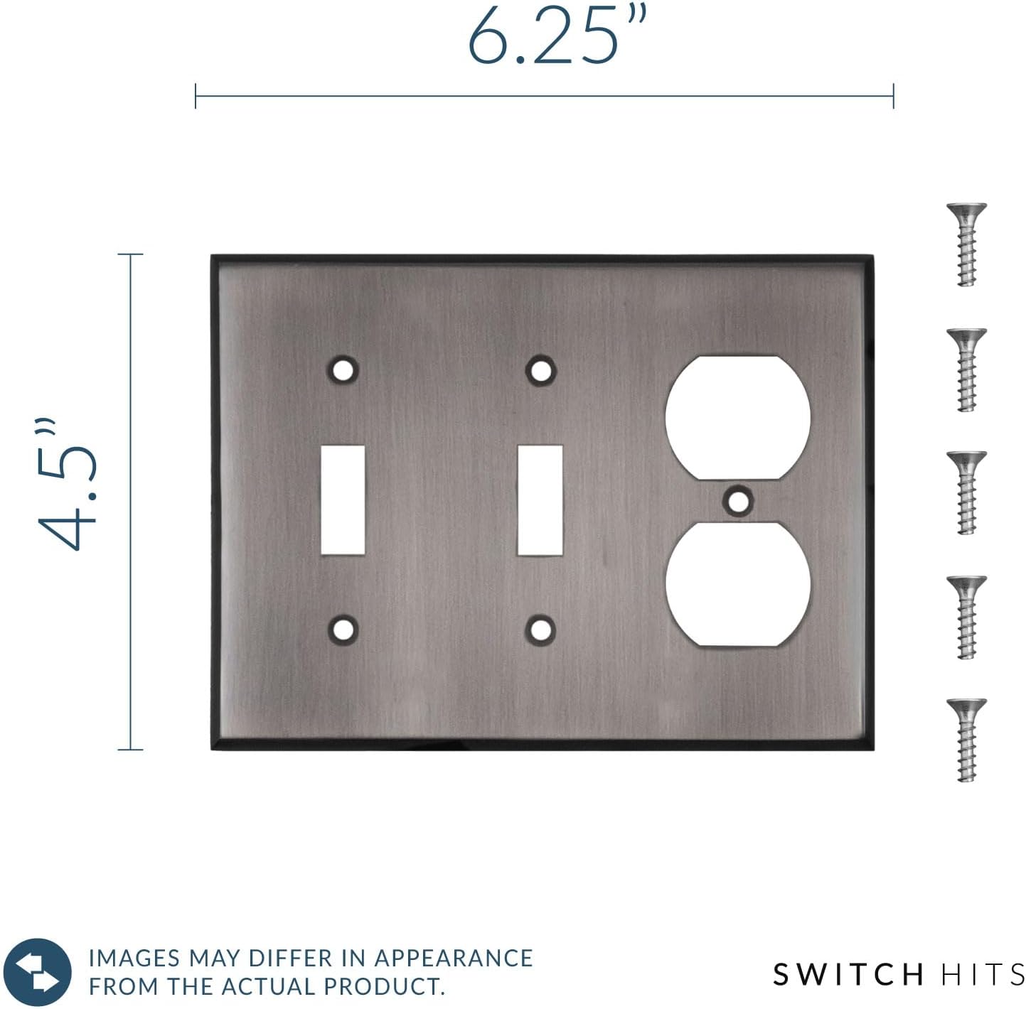 Antique Pewter Outlet Wall Plate | 2 Toggle - 1 Duplex | 6.25" x 4.5" | Hand-Polished Brass Construction | Electrical