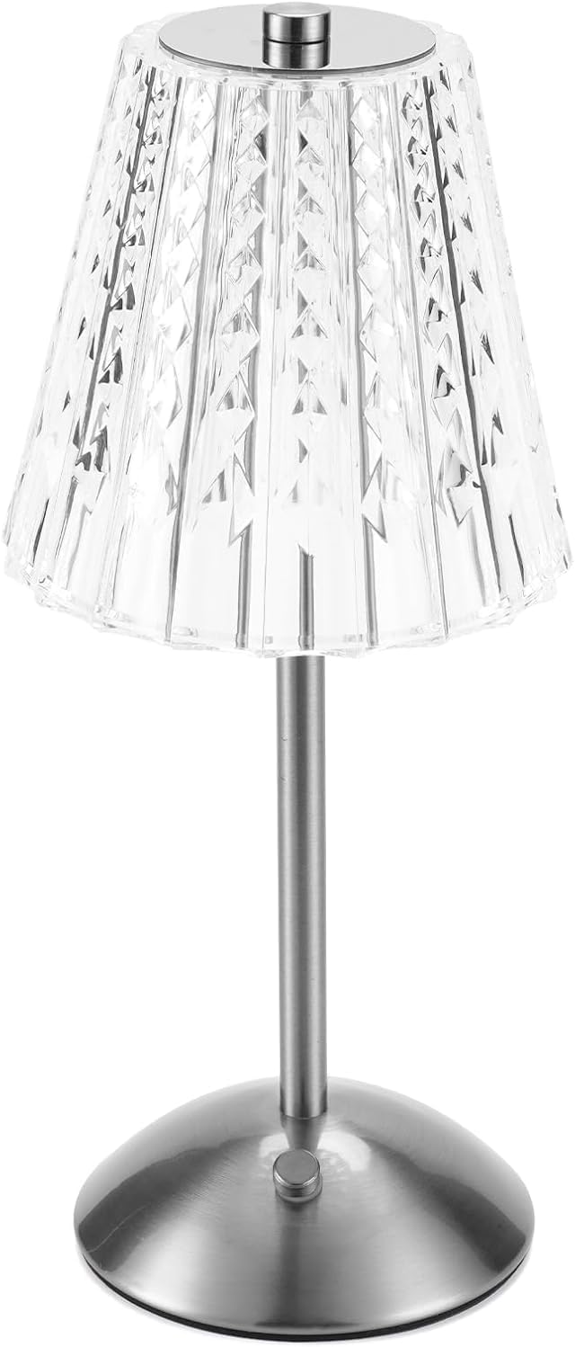 Nusogon Cordless Touch Table Lamp, LED Rechargeable Small Dask Lamp | 3 Colors Dimmable Silver Battery Operated Crystal
