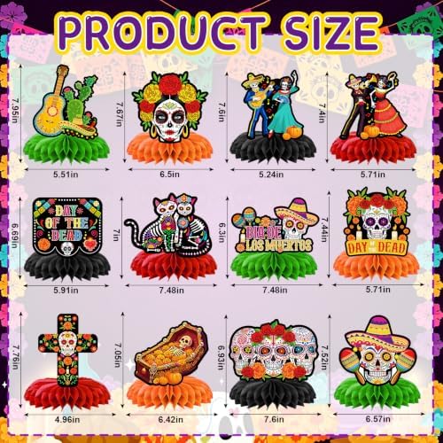 12Pcs Day of the Dead Honeycomb Centerpieces Decorations Dia De Los Muertos Altar Table Decorations Double Side Sugar Skull Table Centerpieces for Mexican Day of The Dead Halloween Party Supplies