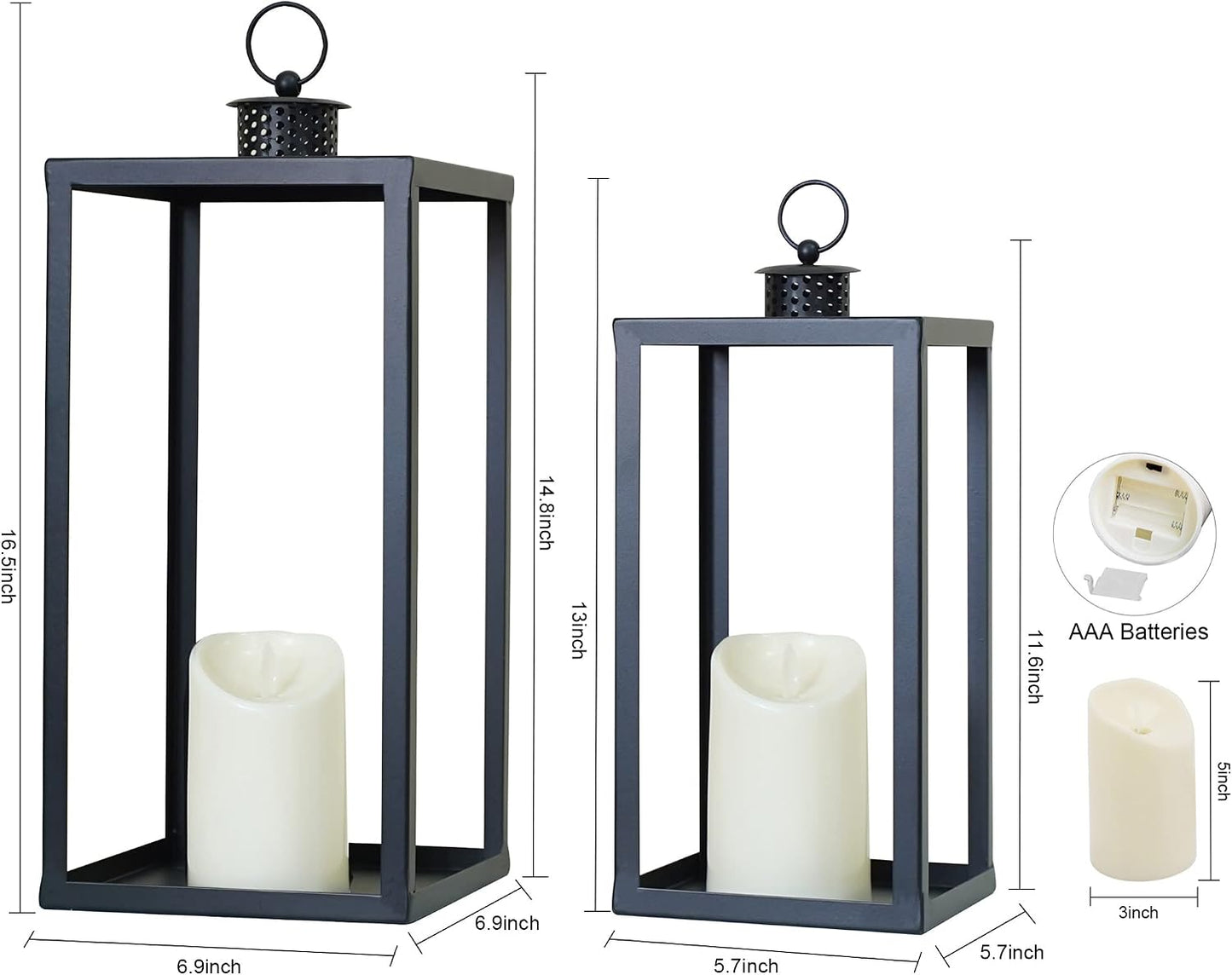 HPC Decor Black Metal Candle Lanterns Set of 2- Lanterns Decorative with Flickering Timer Candles- 16.5'' & 13'' Chunky