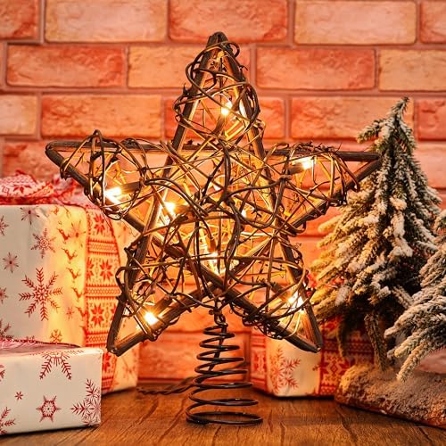 ODEETRONIC 10" Rustic Christmas Star Tree Topper, Rattan Natural Hollow