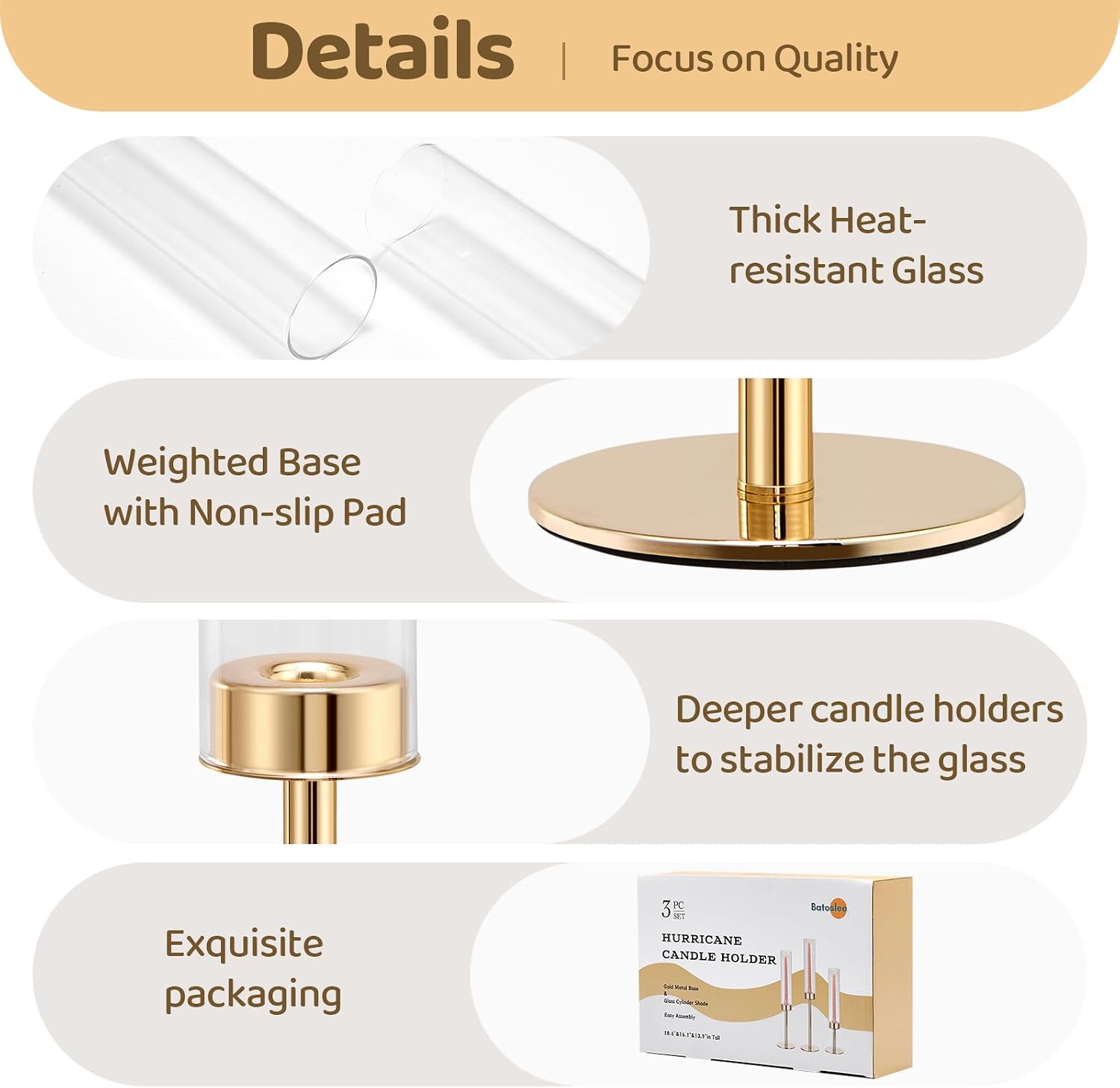 Gold Hurricane Glass Candle Holders Set of 6 Brass Taper Candlestick Holder | Windproof Flameless Candle Holder, Tall