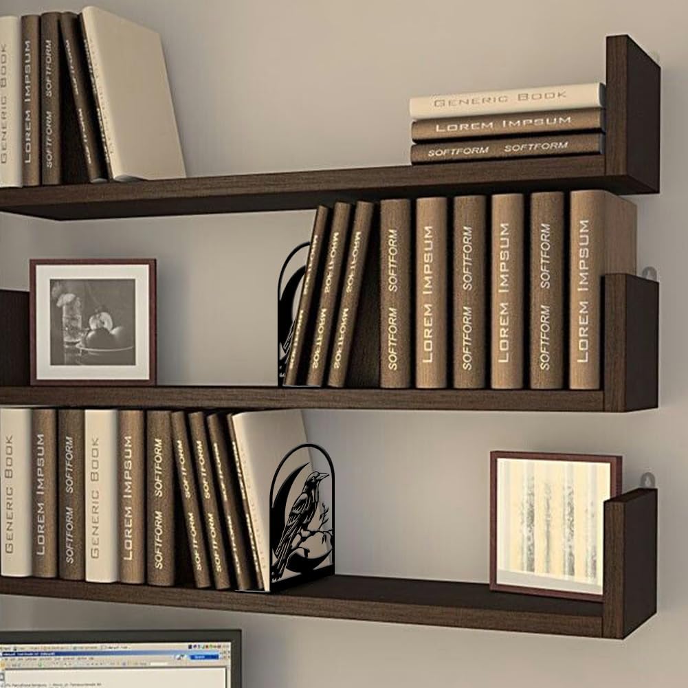 Large Book Ends Metal Non-Slip Bookends Heavy Duty Stoppers / Moon and Crow / Black / Set of 2