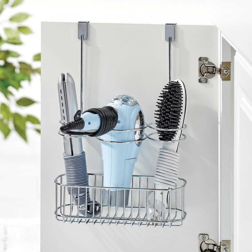 mDesign Over-Cabinet Hair Care Tools Holder for Hair Dryer, Flat Iron, Curling Wand, Straightener - Chrome
