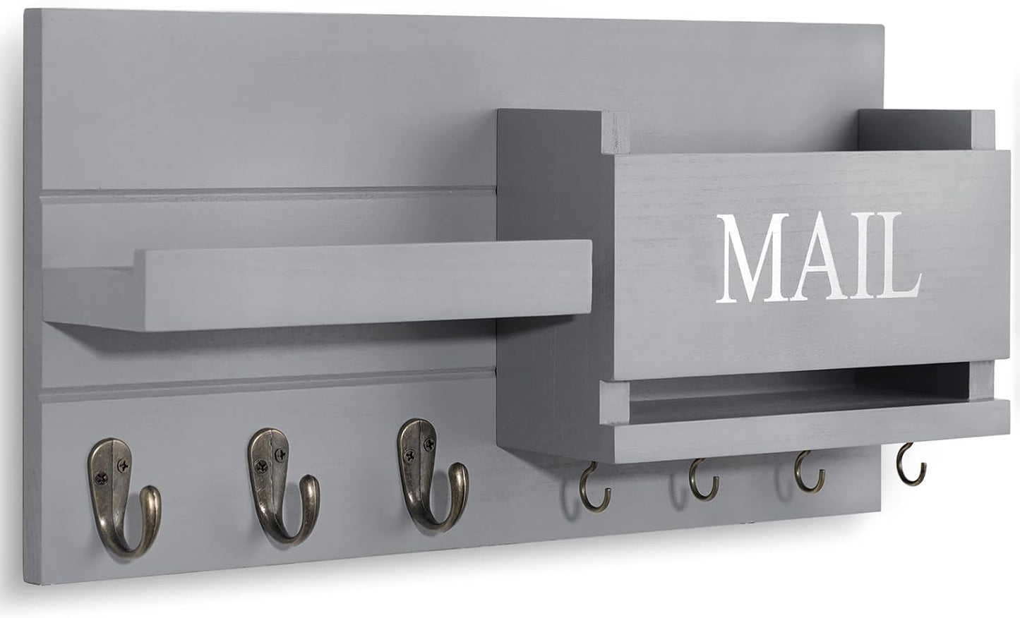 Shelf Includes Letter Holder and Hooks for Hallway Farmhouse / Gray
