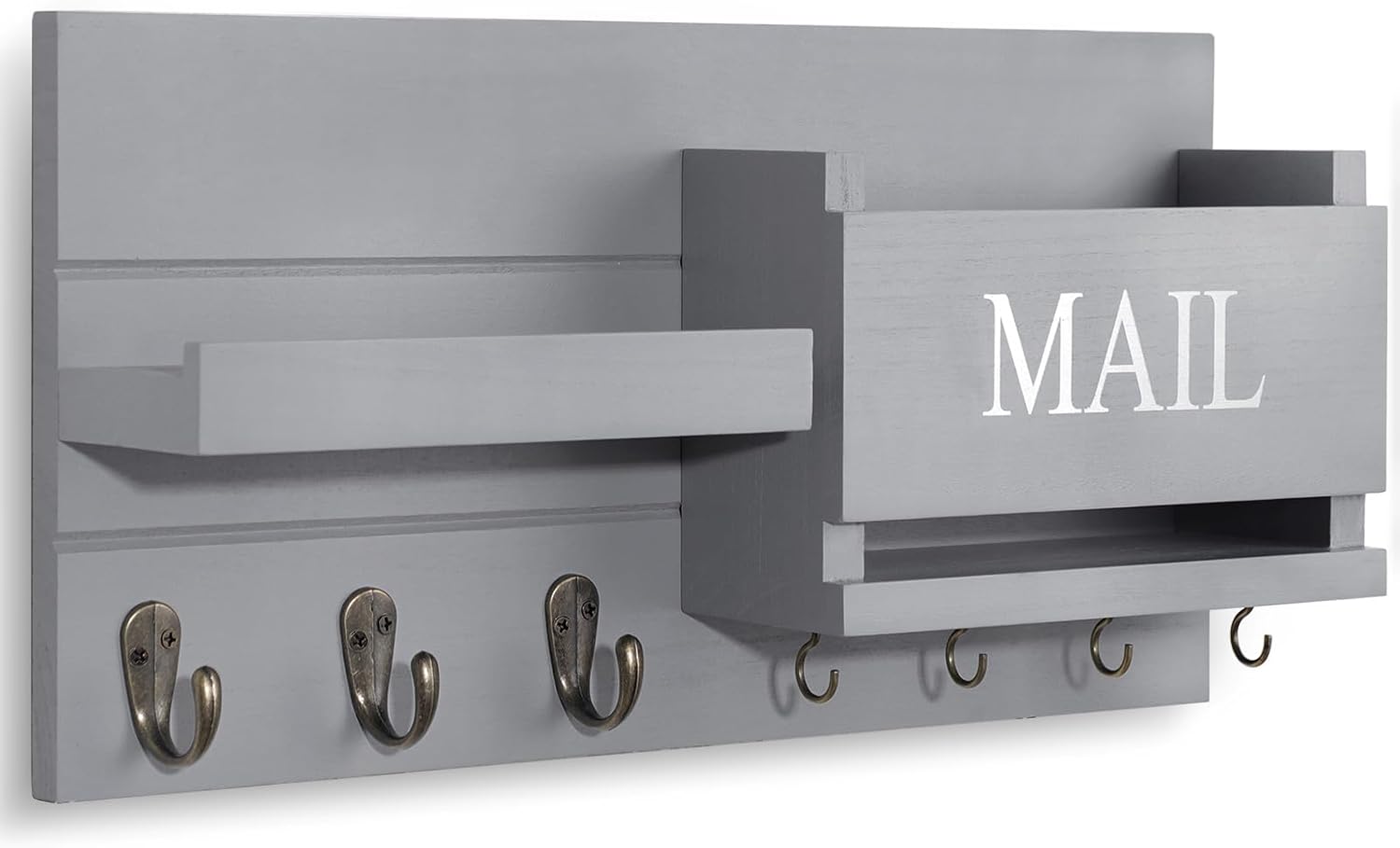 Shelf Includes Letter Holder and Hooks for Hallway Farmhouse / Gray