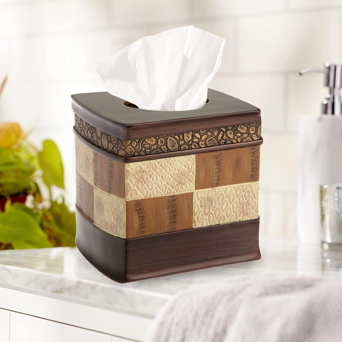 Zahari Home 2pc Zambia Animal Print Bath Accessories Set Waste Basket & Tissue Box Modern Classic Contemporary