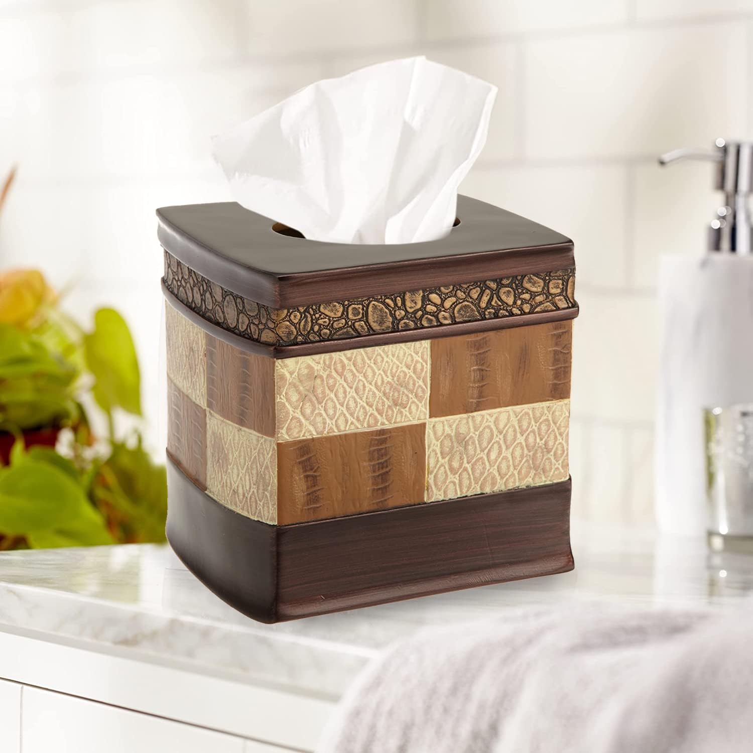 Zahari Home 2pc Zambia Animal Print Bath Accessories Set Waste Basket & Tissue Box Modern Classic Contemporary