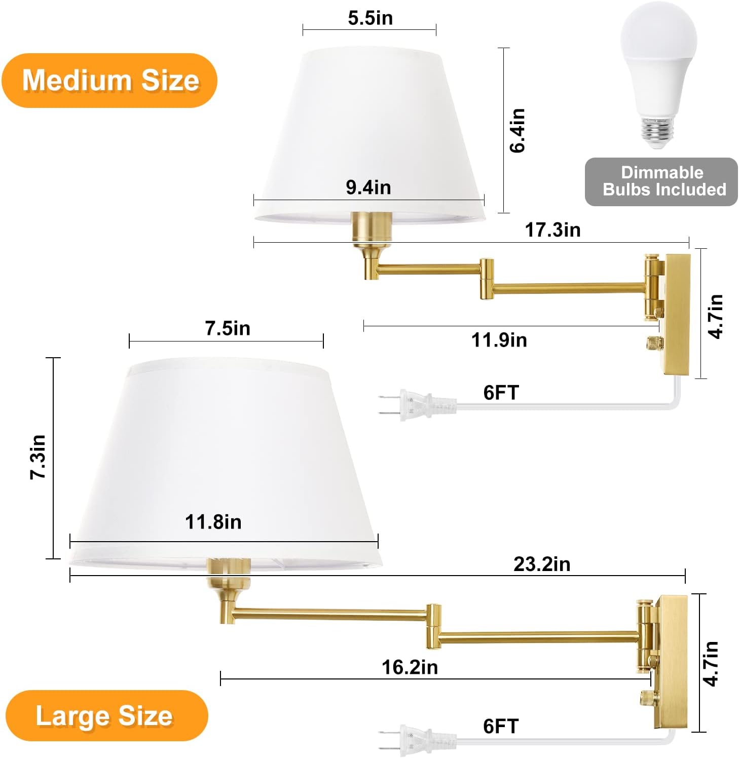 TRLIFE Remote Control Dimmable Wall Sconce, Adjustable Color Temperature 2700K-6500K Brushed Brass Swing Arm Wall