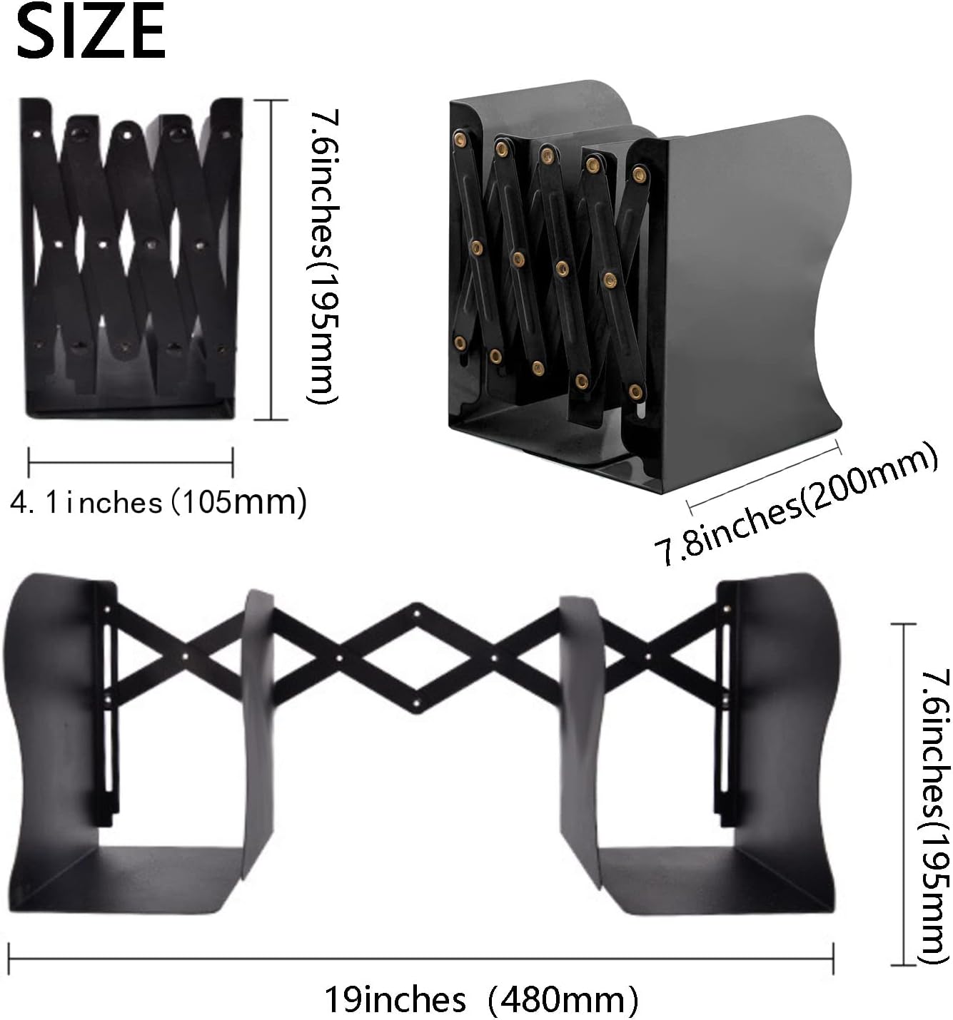 Adjustable Metal Bookends Heavy Duty / Black