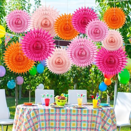 12PCS Paper Fans Orange and Hot Pink Party Decorations Tissue Paper Flowers Decorations for Girl Groovy Birthday Baby Shower Wedding Bachelorette Room Wall Hanging Décor