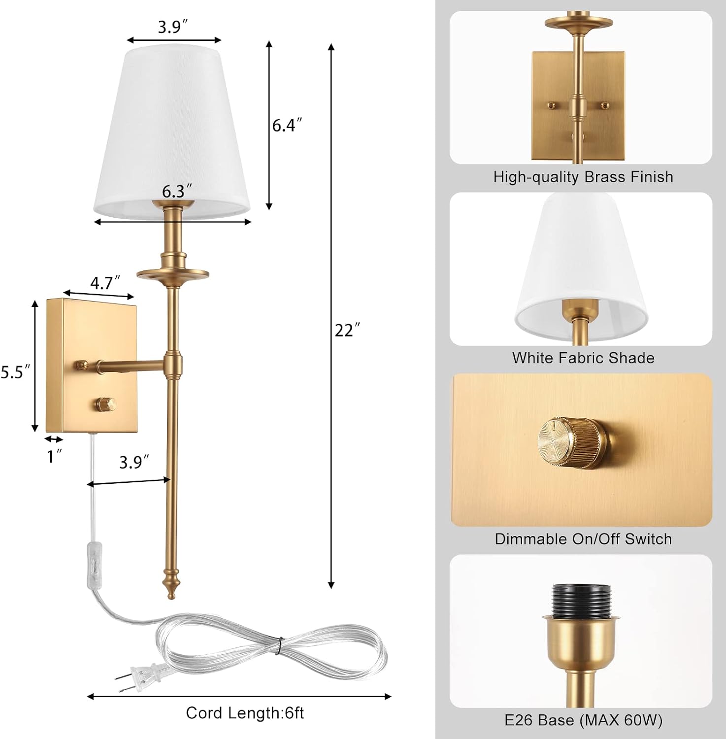 Dimmable Wall Sconces Set of Two, Plug in Wall Sconces White Fabric Shade, Wall Lamp for Bedroom, Living room, Plug in