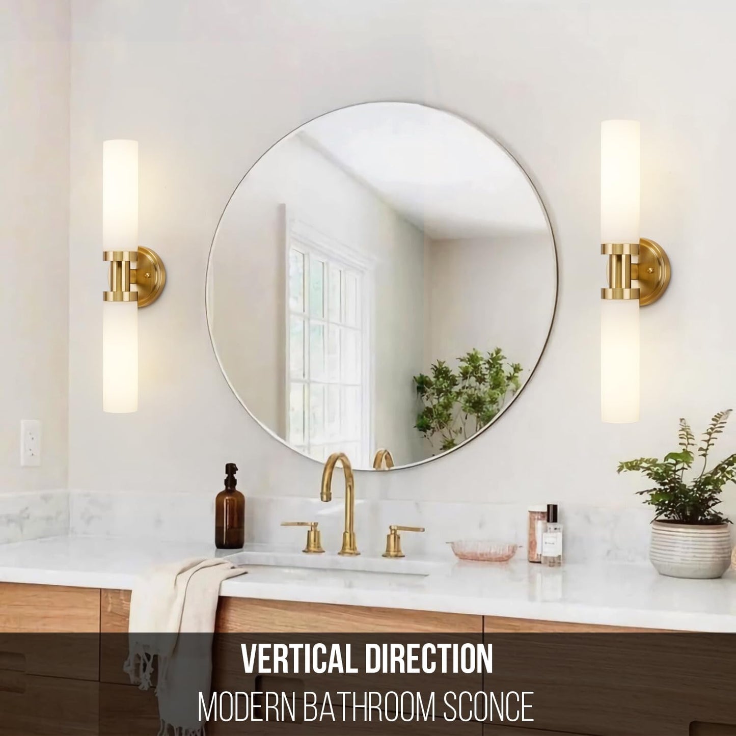 Gold Bathroom Light Fixtures Modern Vanity Lights W/White Glass Shade, 2-Light Sconces Wall Lighting for Mirror Kitchen