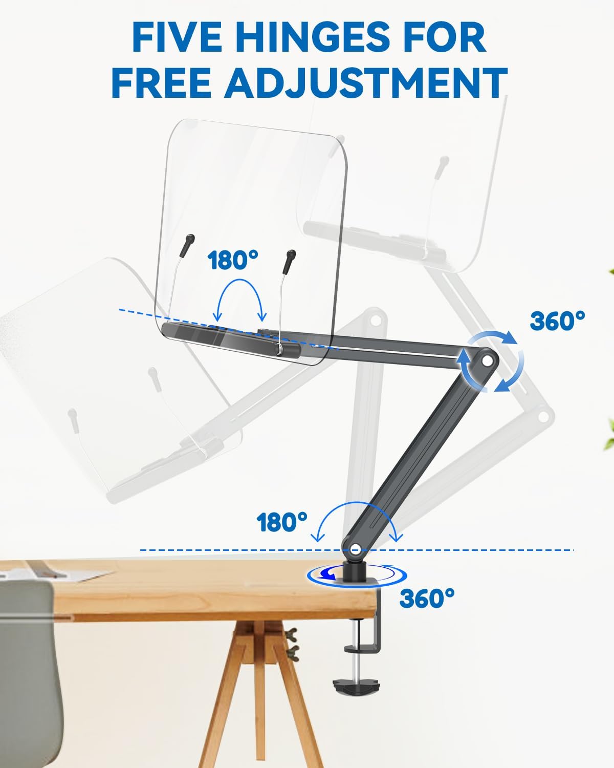 Desk Clamp Acrylic Book Stand for Reading, Ergonomic Design Adjustable Height up to 20 inches with Rotating Bases