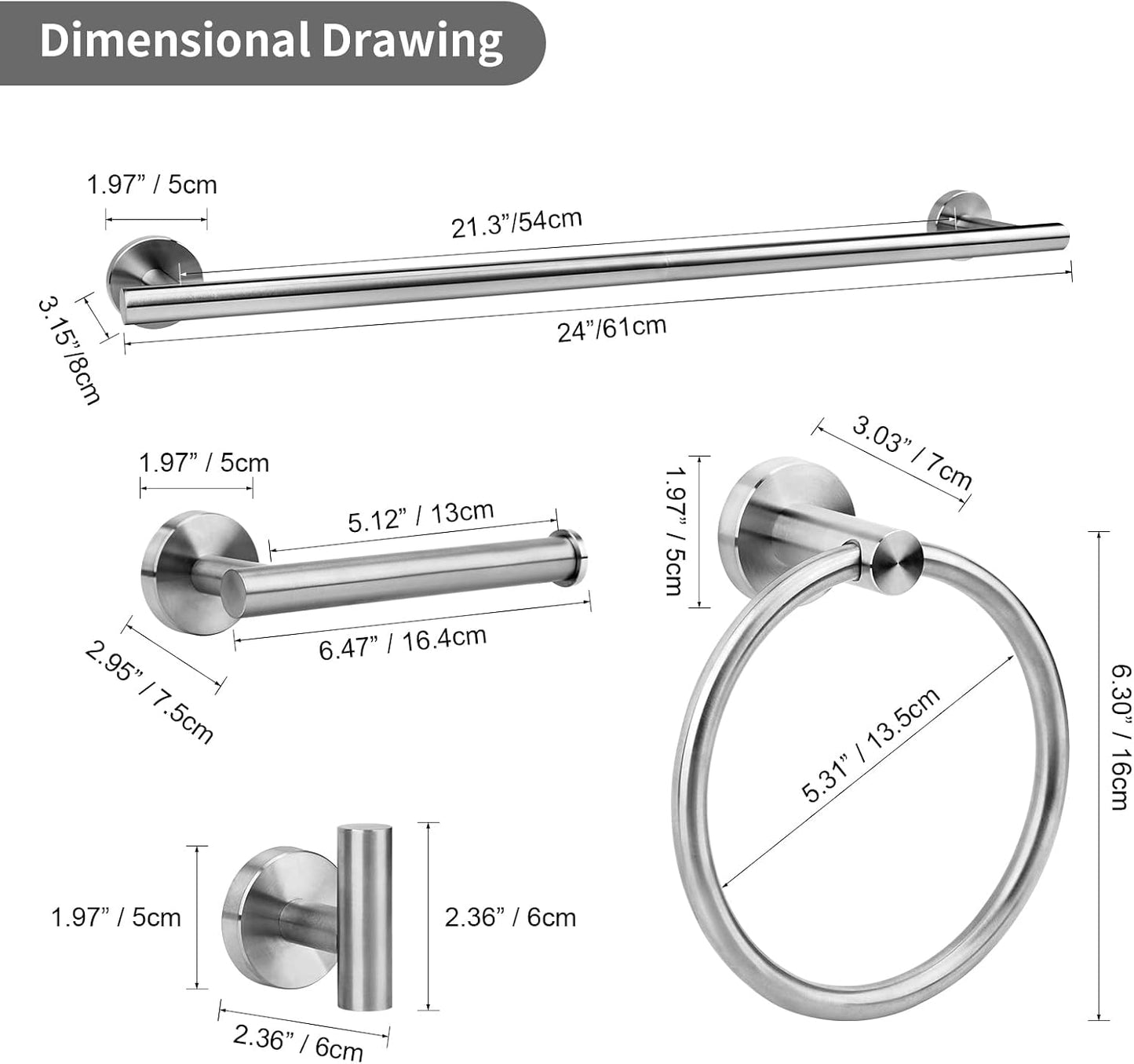 Brushed Nickel Bathroom Hardware Accessories Set 5 Piece, Stainless Steel Bath Towel Bar Set 24 Inch,Toilet Paper