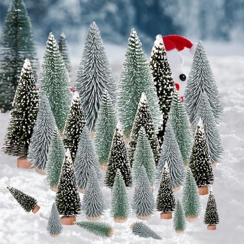 Yahpetes Christmas Trees 30 Pcs Artificial Bottle Brush Trees with 3 Sizes,Sisal Snow Trees with Wooden Base for Christmas Crafting and Designing (Silver,Green,Dark Green 30Pcs)