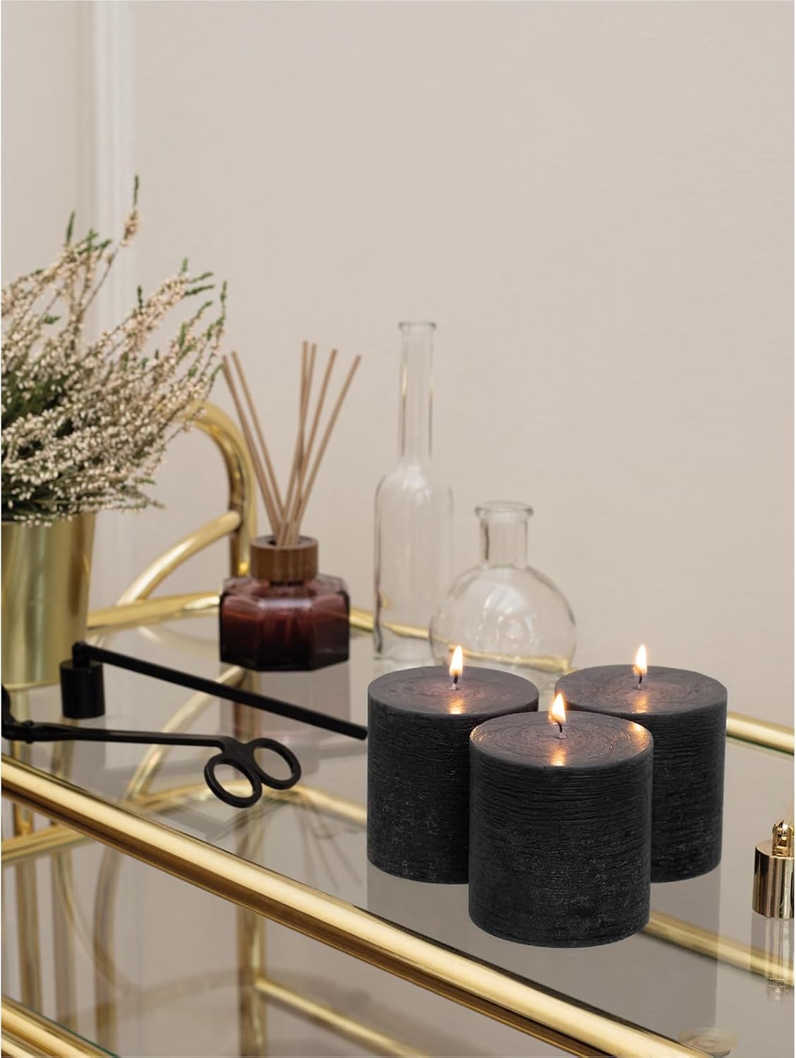 3x3 Pillar Candles Set of 3 - Rustic Unscented No Drip Black Candles for Halloween Decor, Parties, Gothic Décor