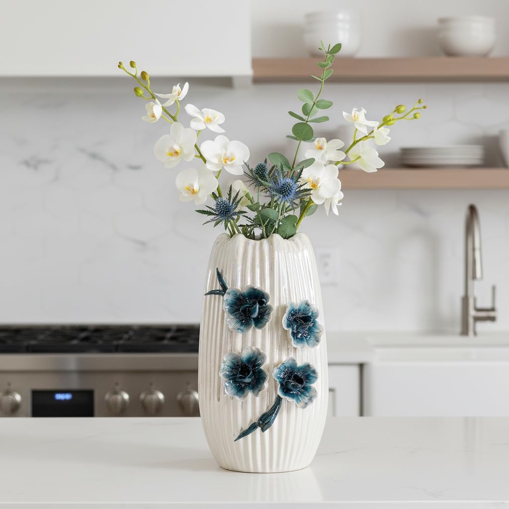 Boho Ceramic Vase / White and Dark Blue / 9 Inch
