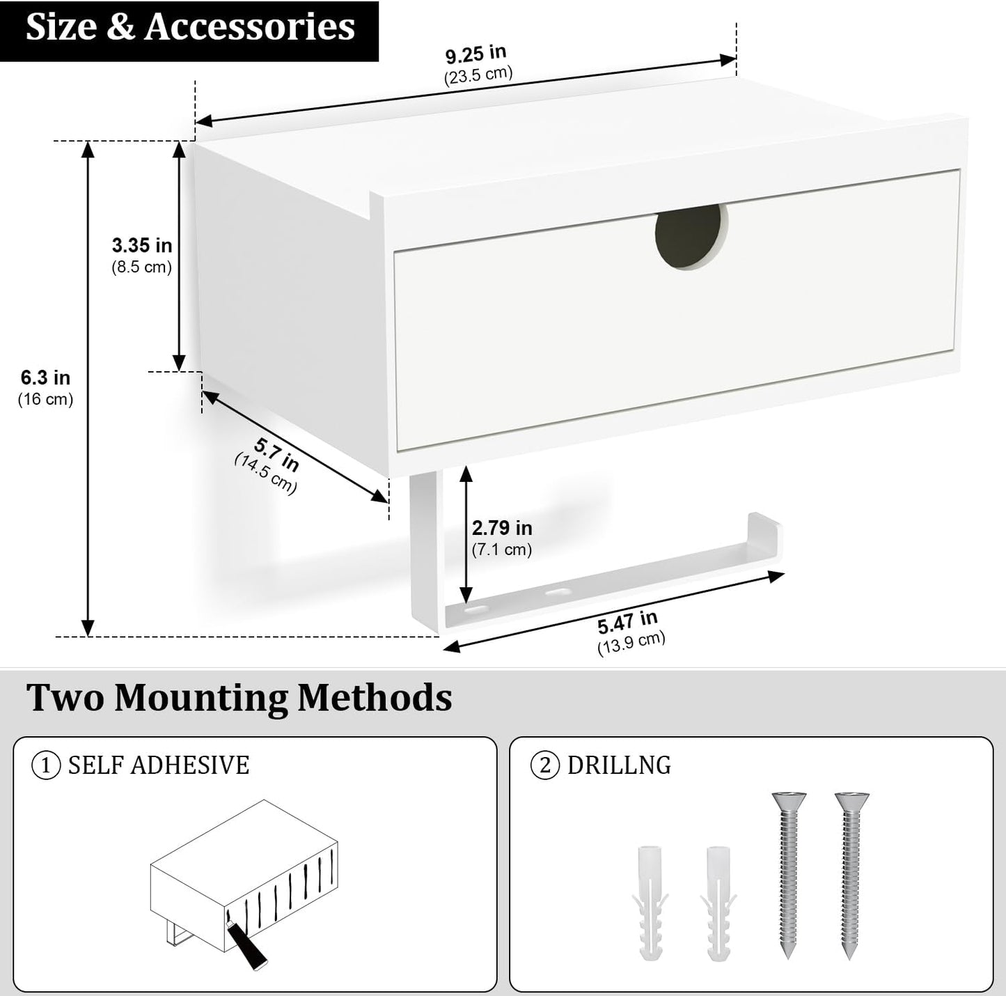 Domax White Toilet Paper Holder with Shelf,Wall Mount/Adhesive Bathroom Toilet Paper Holder,Bamboo Wood Tissue Toilet
