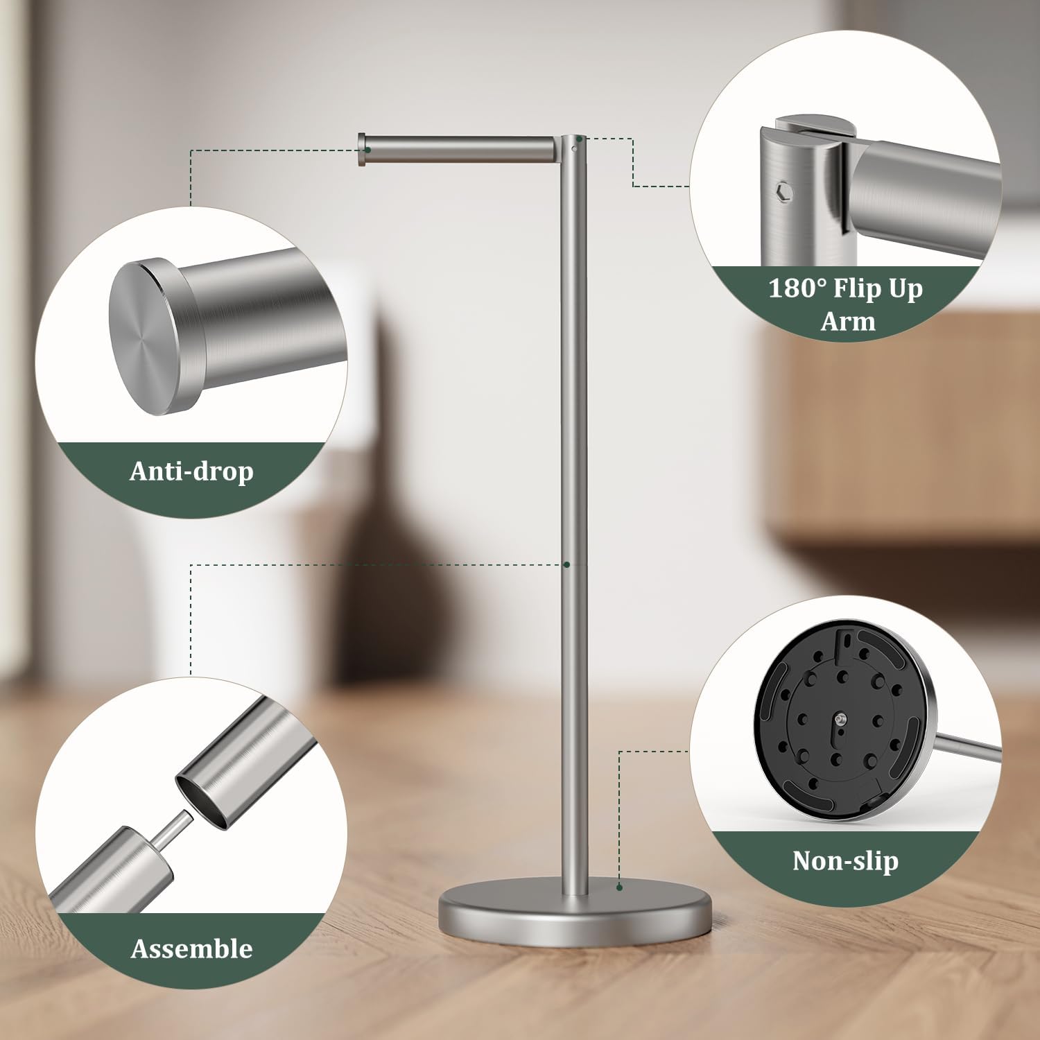 Brushed Nickel Toilet Paper Holder Stand Free Standing Tissue Roll Holder | Freestanding Toilet Paper Stand Storage for