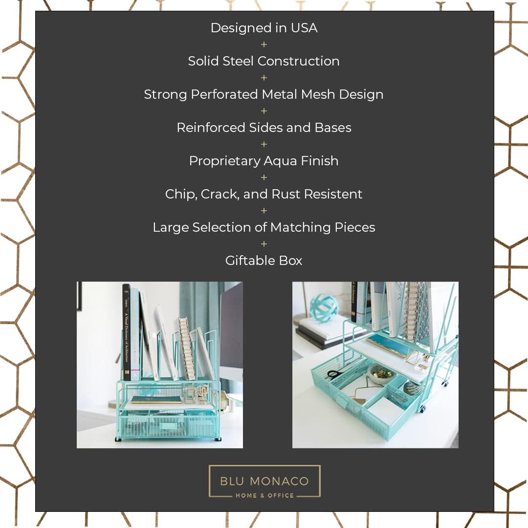 BLU MONACO Mint Green Desk Organizer With File Sorters and Drawer | Metal Mesh Desktop Storage for Office Supplies