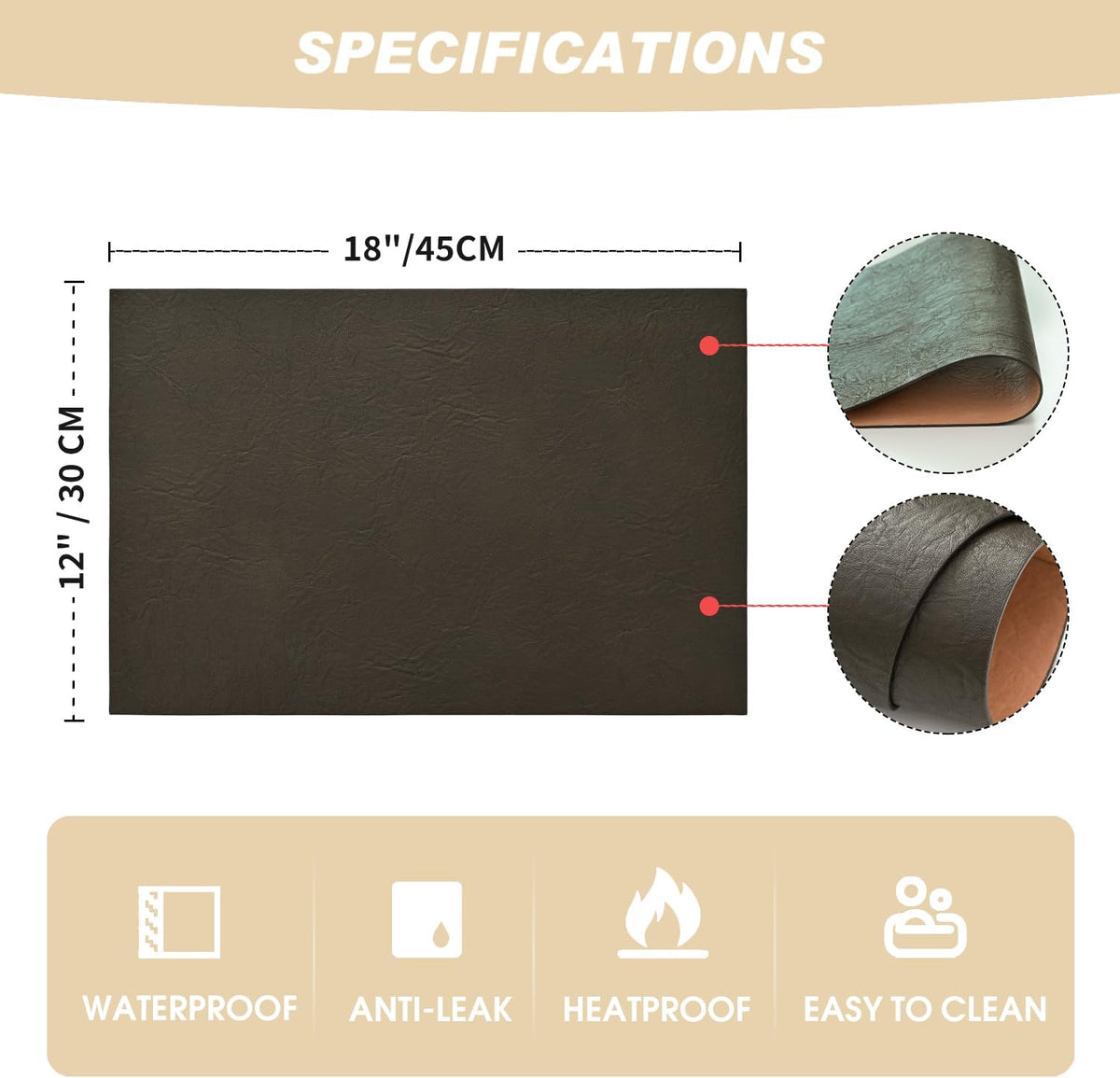 Artoid Mode Coffee Faux Leather Placemats Set of 6, 12x18 Inch Waterproof Wipeable Heat Resistant Vinyl Place Mats