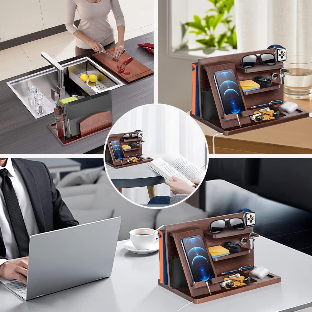 Gifts for Men Bedside Organiser Wood Phone Docking Station Dad Birthday Gifts for Him Nightstand Key Wallet Watch Stand