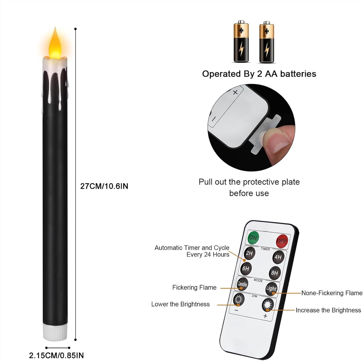 wemarry Flameless Taper Candles 10.6" Dripless Battery Operated Taper Candles Included Remote Timer 400+ Hours by 2AA