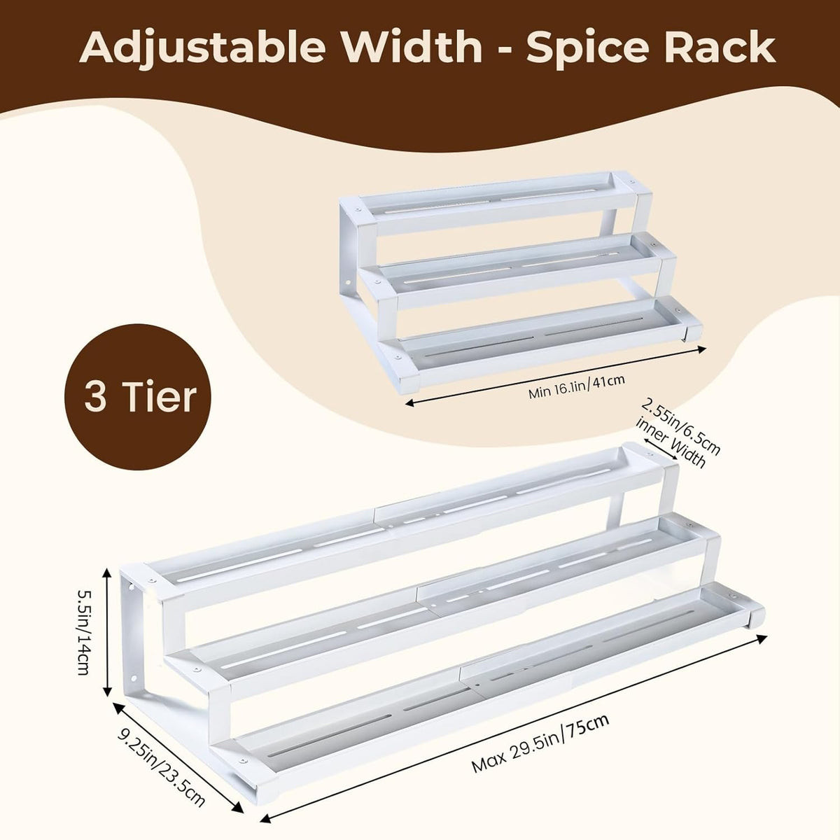 3-Tier Spice Rack Organizer for Kitchen Cabinet or Pantry, 16"-29" Expandable Spice Organization Shelf, Seasoning