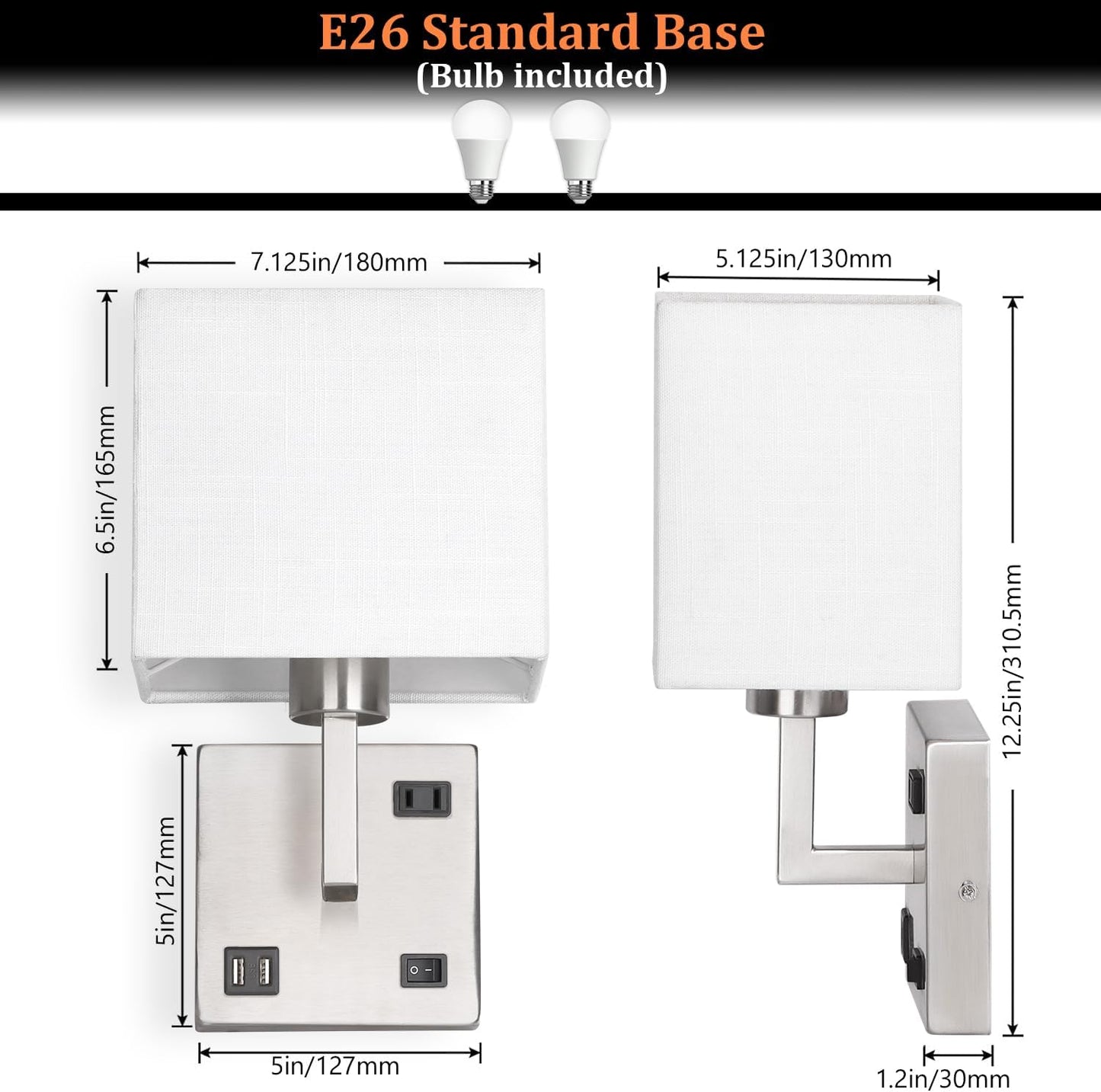 AVV Bedroom Sconces Set of 2, Wall Mounted Bedside Lamps with USB Port, AC Outlet and 3 Color Selectable